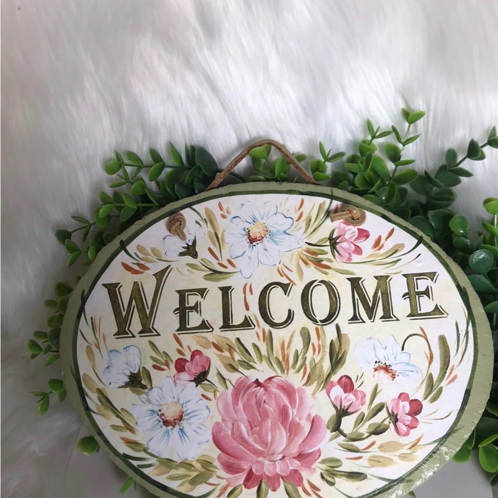 Floral Welcome Sign with Pink and Green Accents metal